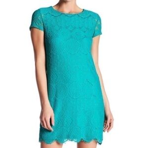 LAUNDRY by shelli segal teal green lace overlay short sleeve shift dress